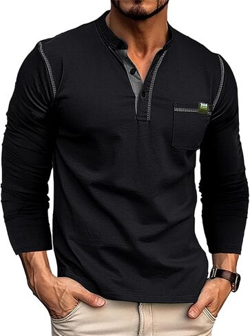 Mens Casual Henley Shirts Short/Long Sleeve Button Classic Tees Tops Fashion Lightweight Stylish T-Shirts with Pocket in Saudi Arabia