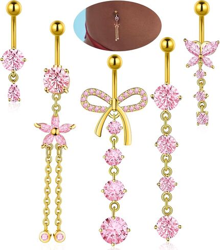 Belly Button Rings Gold Silver Pink Clear CZ Belly Rings for Women Heart Bow Flower Butterfly Teardrop Dangle Navel Belly Button Piercing Jewelry in Saudi Arabia