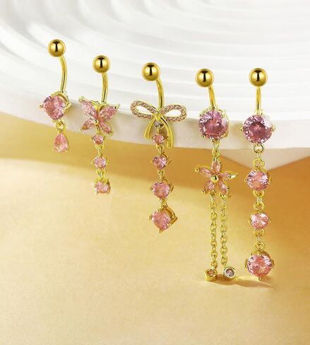 Belly Button Rings Gold Silver Pink Clear CZ Belly Rings for Women Heart Bow Flower Butterfly Teardrop Dangle Navel Belly Button Piercing Jewelry in Saudi Arabia