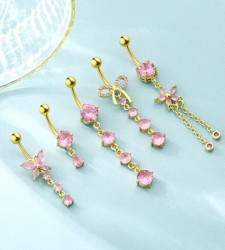 Belly Button Rings Gold Silver Pink Clear CZ Belly Rings for Women Heart Bow Flower Butterfly Teardrop Dangle Navel Belly Button Piercing Jewelry in Saudi Arabia