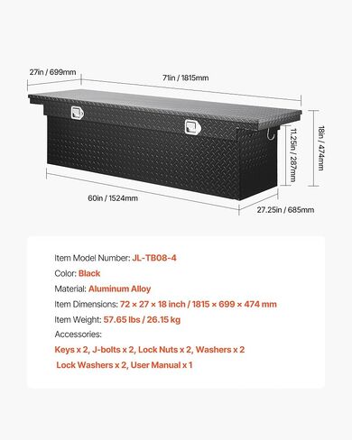 VEVOR Crossover Truck Tool Box, 71x27x18 In, Heavy Duty Aluminum Toolbox with Diamond Texture, Pick Up Truck Bed RV Trailer Toolbox, Waterproof Storage Organizer with Lock, Keys, Side Handles, Black in Saudi Arabia