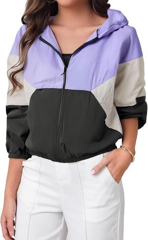 SweatyRocks Women's Casual Color Block Drawstring Hooded Windbreaker Jacket in Saudi Arabia