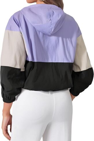 SweatyRocks Women's Casual Color Block Drawstring Hooded Windbreaker Jacket in Saudi Arabia