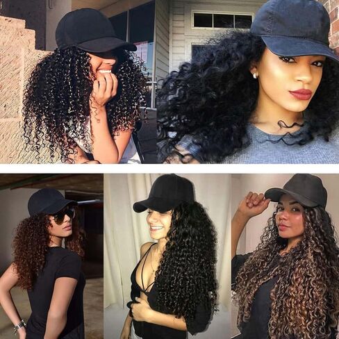 YEKEYI Headband Wig Human Hair Wigs Baseball cap Wig Curly Deep Wave Headband Wig Hat Wigs (Black hat Long brown wig) in Saudi Arabia