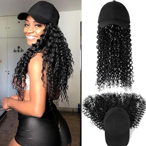 YEKEYI Headband Wig Human Hair Wigs Baseball cap Wig Curly Deep Wave Headband Wig Hat Wigs (Black hat Long brown wig) in Saudi Arabia