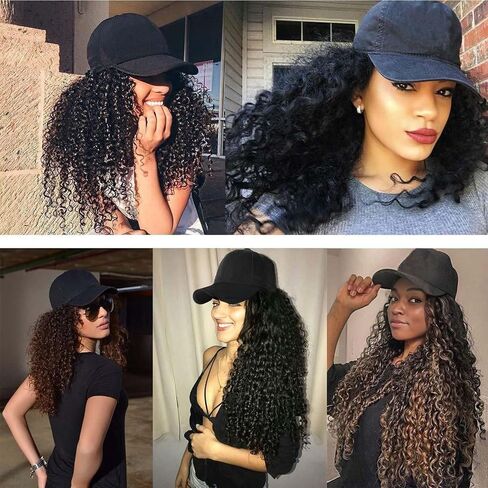 YEKEYI Headband Wig Human Hair Wigs Baseball cap Wig Curly Deep Wave Headband Wig Hat Wigs (Black hat Long brown wig) in Saudi Arabia