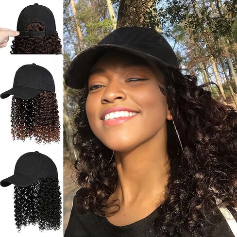 YEKEYI Headband Wig Human Hair Wigs Baseball cap Wig Curly Deep Wave Headband Wig Hat Wigs (Black hat Long brown wig) in Saudi Arabia
