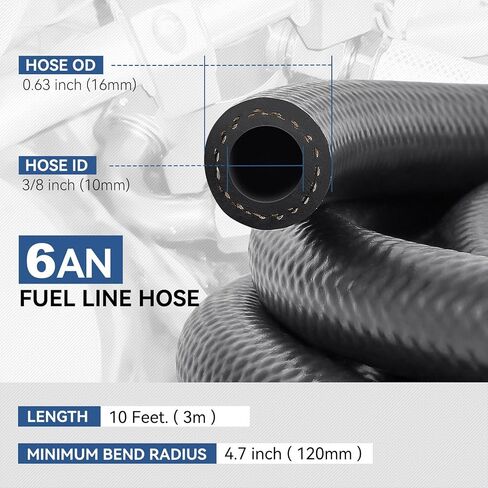 4AN AN-4 1/4" (6mm) ID Push Lock Fuel Line Hose Universal For Automotive Gasoline/Engine Oil/Fuel System, 300PSI (Max Pressure), 10FT Length, Black NBR Rubber in Kuwait