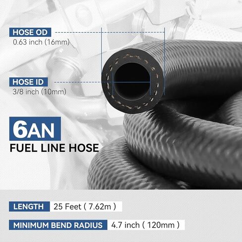 4AN AN-4 1/4" (6mm) ID Push Lock Fuel Line Hose Universal For Automotive Gasoline/Engine Oil/Fuel System, 300PSI (Max Pressure), 10FT Length, Black NBR Rubber in Kuwait