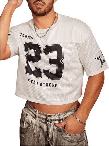 Men's Number Letter Graphic Oversized Jersey Shirt Crew Neck Short Sleeve Crop Tee Tops in Saudi Arabia