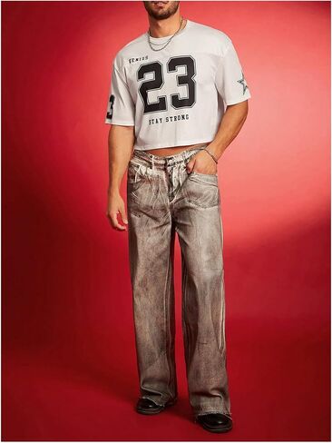 Men's Number Letter Graphic Oversized Jersey Shirt Crew Neck Short Sleeve Crop Tee Tops in Saudi Arabia