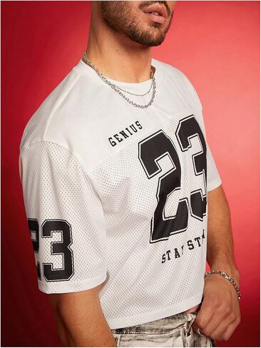 Men's Number Letter Graphic Oversized Jersey Shirt Crew Neck Short Sleeve Crop Tee Tops in Saudi Arabia