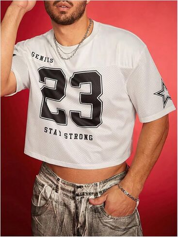 Men's Number Letter Graphic Oversized Jersey Shirt Crew Neck Short Sleeve Crop Tee Tops in Saudi Arabia