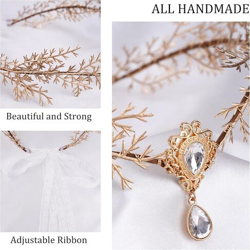 MOSTORY Renfaire Costume Set Women - Gold Fairy Crown and Elf Ears with Piercings Set for Women Fae Ears Cosplay Leaf Crown for Renaissance Accessory Halloween Fantasy Photo Shoot in Saudi Arabia