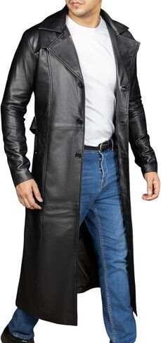 Jild Vintage Classic Leather Trench Coat Men - Full Length Duster Overcoat Lambskin Leather Long Coats for Men in Kuwait