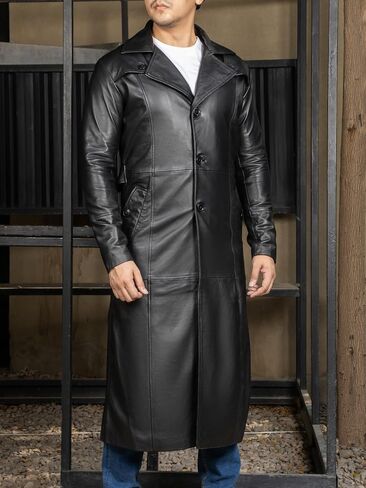 Jild Vintage Classic Leather Trench Coat Men - Full Length Duster Overcoat Lambskin Leather Long Coats for Men in Kuwait
