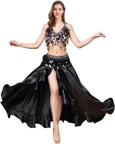 Women's 3-Piece Outfit Belly Dance Costume Set Belly Dance Bra Top Coins Belt and Chiffon Split Skirt in Kuwait