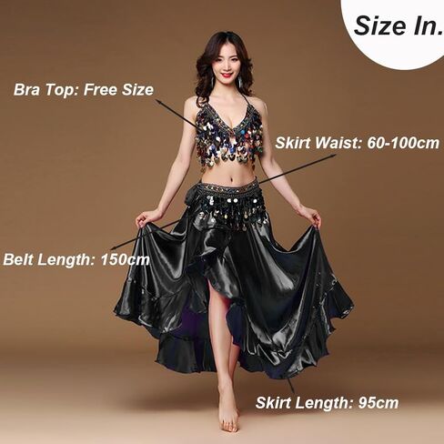 Women's 3-Piece Outfit Belly Dance Costume Set Belly Dance Bra Top Coins Belt and Chiffon Split Skirt in Kuwait