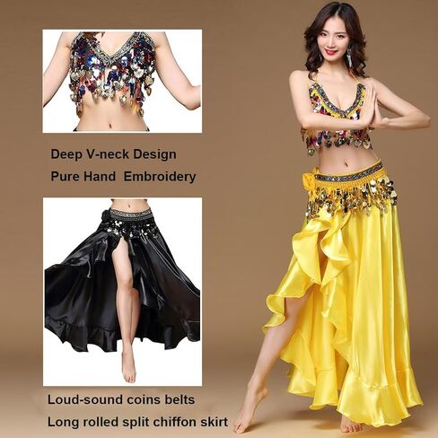 Women's 3-Piece Outfit Belly Dance Costume Set Belly Dance Bra Top Coins Belt and Chiffon Split Skirt in Kuwait