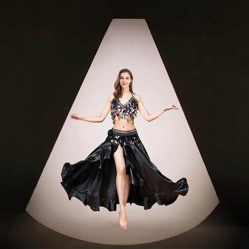 Women's 3-Piece Outfit Belly Dance Costume Set Belly Dance Bra Top Coins Belt and Chiffon Split Skirt in Kuwait