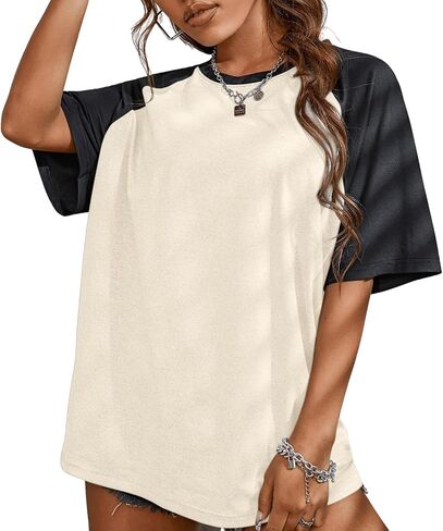 KIEKIECOO Oversized Short Sleeve Shirts for Women Loose Fit Basic Casual Crew Neck Tee Shirt Baggy Color Block Unisex Tops in Saudi Arabia