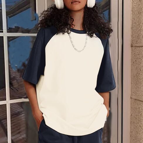 KIEKIECOO Oversized Short Sleeve Shirts for Women Loose Fit Basic Casual Crew Neck Tee Shirt Baggy Color Block Unisex Tops in Saudi Arabia