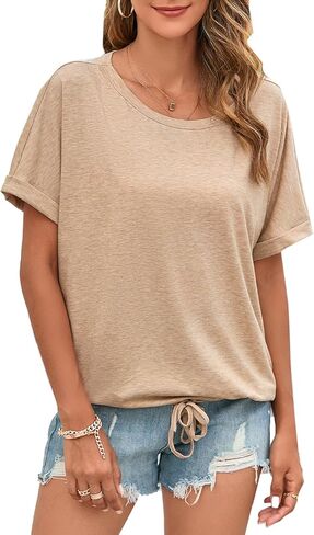 enmain womens crewneck thirts rolled short short serts tee tee tops lext summer tops in Kuwait