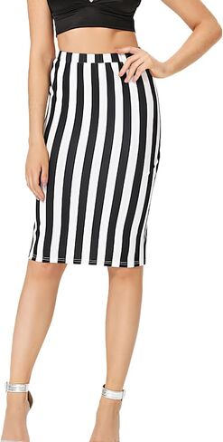 Womens Striped Stretch Midi Pencil Skirt High Waist Knee Length Bodycon in Saudi Arabia