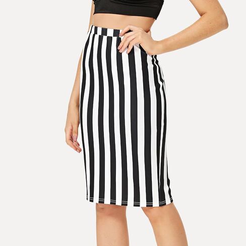 Womens Striped Stretch Midi Pencil Skirt High Waist Knee Length Bodycon in Saudi Arabia