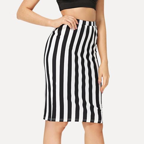 Womens Striped Stretch Midi Pencil Skirt High Waist Knee Length Bodycon in Saudi Arabia