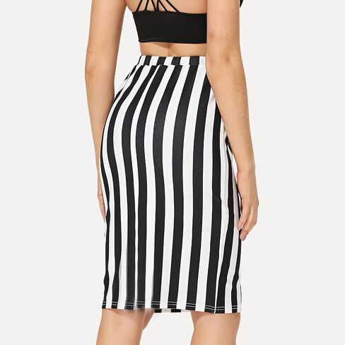 Womens Striped Stretch Midi Pencil Skirt High Waist Knee Length Bodycon in Saudi Arabia