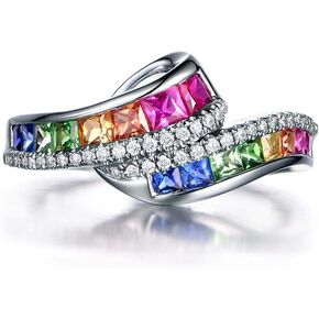 925 Sterling Silver Fashion Natural Ruby Sapphire Emerald Ring 18K Gold Plated Diamond Rainbow Gemstone Women's Ring CZ Eternity Engagement Wedding Band Ring for Women (US Code 9)