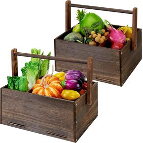 ELONG HOME Wooden Crates, 2 Pack Quick Installation Garden Basket for Storage, Foldable Handle Picnic Basket, Farmhouse Vintage Wood Crates Decor