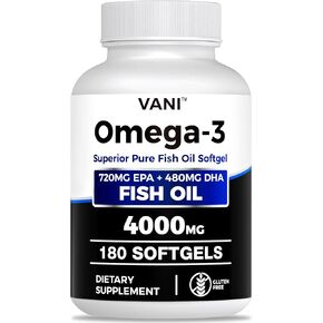 Fish Oil Omega 3 （4000mg）, 180 Softgels，Omega 3 Fatty Acid Supplements with EPA & DHA for Brain & Heart Health*
