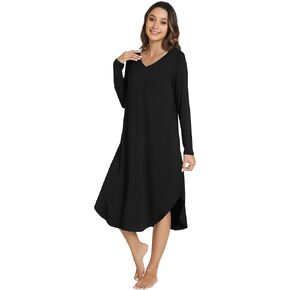 WiWi Women's Long Sleeve Nightgowns Lightweight Crew Neck Sleepwear With Pockets -Viscose from Bamboo S-XXL