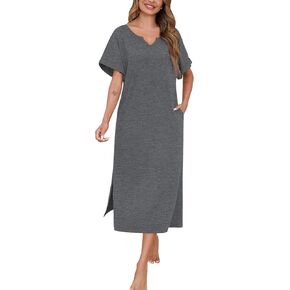 Marvmys Women Short Sleeve Nightgowns Full Length Sleep Shirts V Neck Long Nighshirts with Pockets