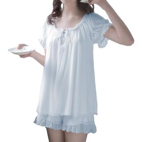 Womens Sweet 2 Pcs Pajamas Set Vintage Top Cute Shorts Princess Sleepwear Loungwear Nightwear Nighties