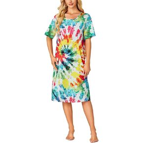 LYANER Women’s Tie Dye Sleep Shirt Round Neck Short Sleeve Loungewear Nightgown Nightdress
