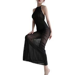 Sexy Night Gowns for Women Lace Hanging Neck Lingerie Sheer Dress Long Nightgown Mesh Sleeveless Nightgowns Black