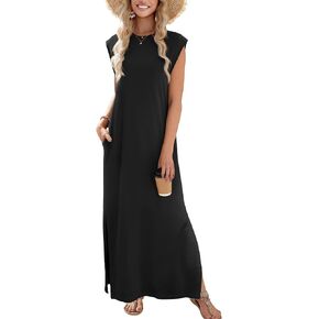 زيجو النساء الأزهار ماكسي فستان الصيف غير الرسمي بلا أكمام Sundress طاقم الرقبة فساتين طويلة مع جيوب 2025 عطلة الشاطئ