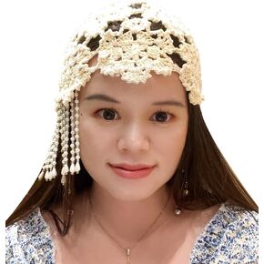 Women's Beige Crochet Slouchy Beanie Hat, Handmade Knit Floral Skull Cap for Women, Cute & Stylish