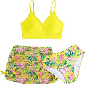 Girl's 3 Piece Tankini Set Spaghetti Strap Beachwear with Floral Cover Up Skirt Swimwear