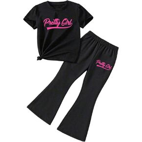GORGLITTER Girl's Two Piece Letter Graphic Pants Set Short Sleeve T Shirt Flare Leg Pants Cute Outfit