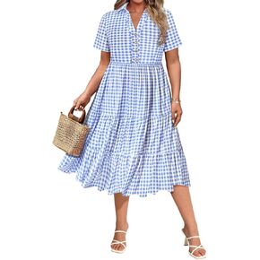 CARCOS Plus Size Dresses for Curvy Women Collared Vneck Short Sleeve Dresses Midi Summer Ruffle Dress with Pocket XL-5XL