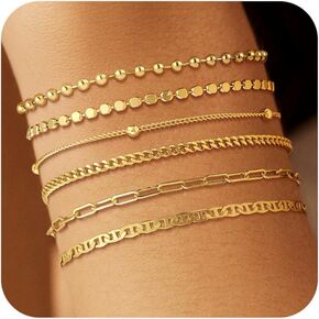 Gold Bracelets for Women, 14K Gold Plated Chunky Stackable Bracelet Set, Dainty Paperclip Chain Cuban Link Layered Non Tarnish Trendy Gold Bracelets Stack for Women