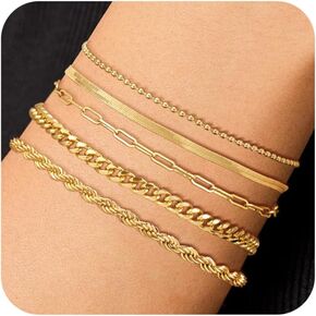 Gold Bracelets for Women, 14K Gold Plated Chunky Stackable Bracelet Set, Dainty Paperclip Chain Cuban Link Layered Non Tarnish Trendy Gold Bracelets Stack for Women in Saudi Arabia