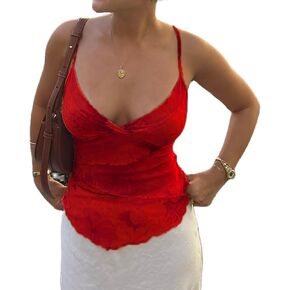 Women's Y2k Floral Cami Tops Sexy V Neck Wrap Irregular Hem Sleeveless Spaghetti Strap Tank Top