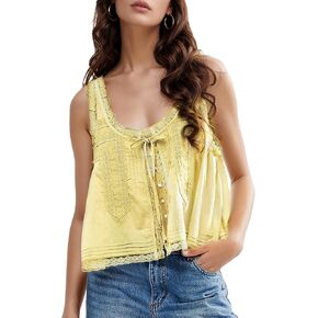 Wyeysyt Women Lace Trim Tank Tops Summer Flowers Boho Semi Sheer Tie Button Front Tops Sleeveless Mesh Going Out Cami Shirt in Saudi Arabia