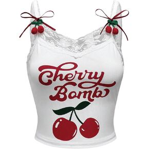 SHENHE Women's Lace Trim Cute Cherry Print Spaghetti Strap Kawaii Top Crop Cami Tank