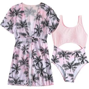 Girl's Tropical Cut Out One Piece Swimsuit Cute Scoop Neck Bathing Suit with Kimono Cover Up